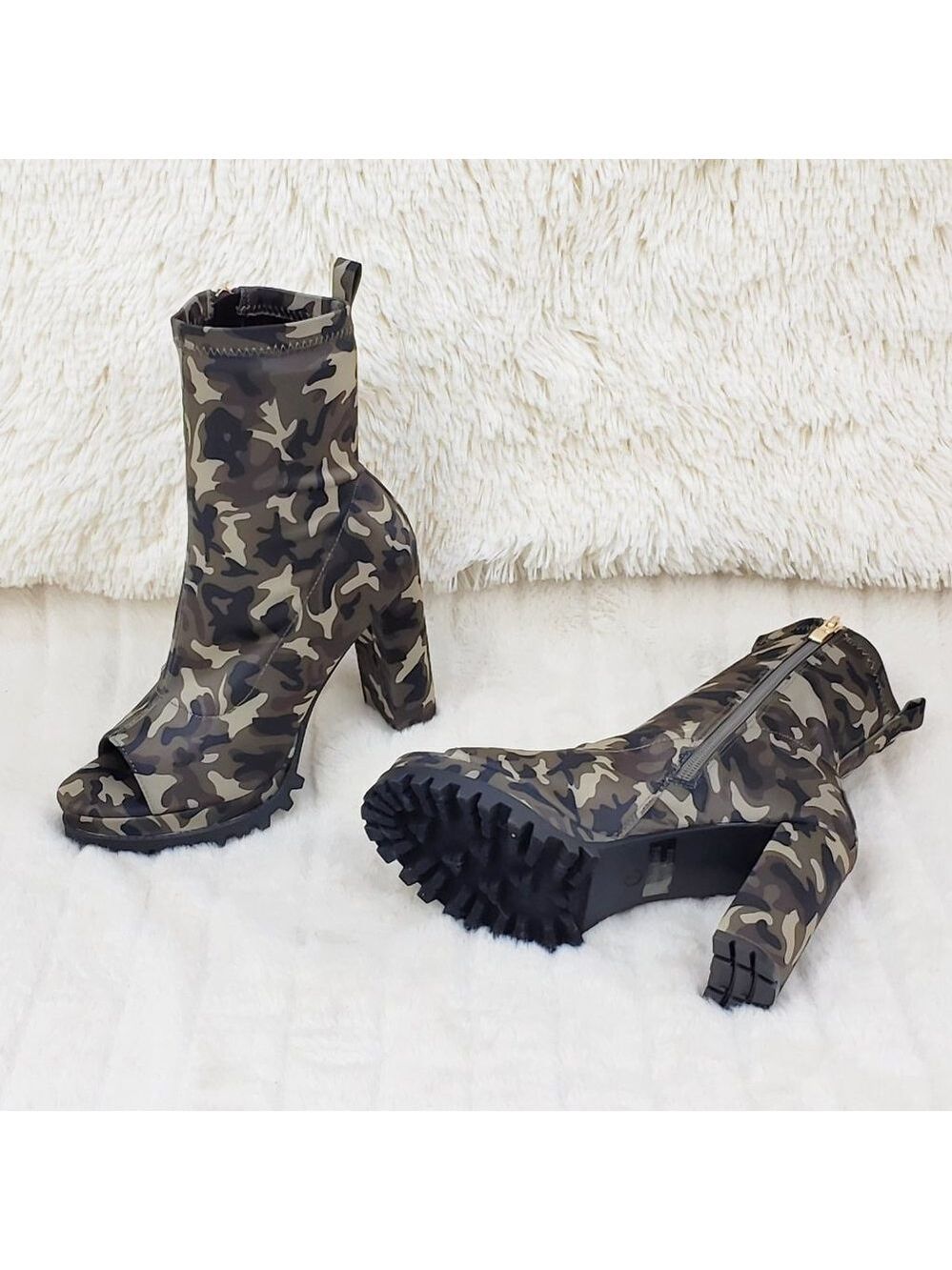 Natalie Camo Chunky Heel Stretch Open Toe Ankle Boots RESTOCKED - Picture 6 of 10